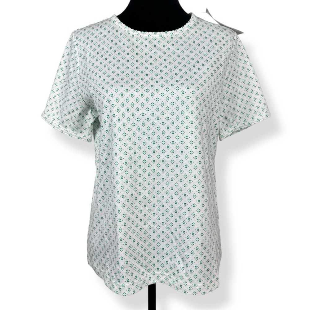 National Top Womens Medium M Green Print on White Short‎ Sleeves NWT